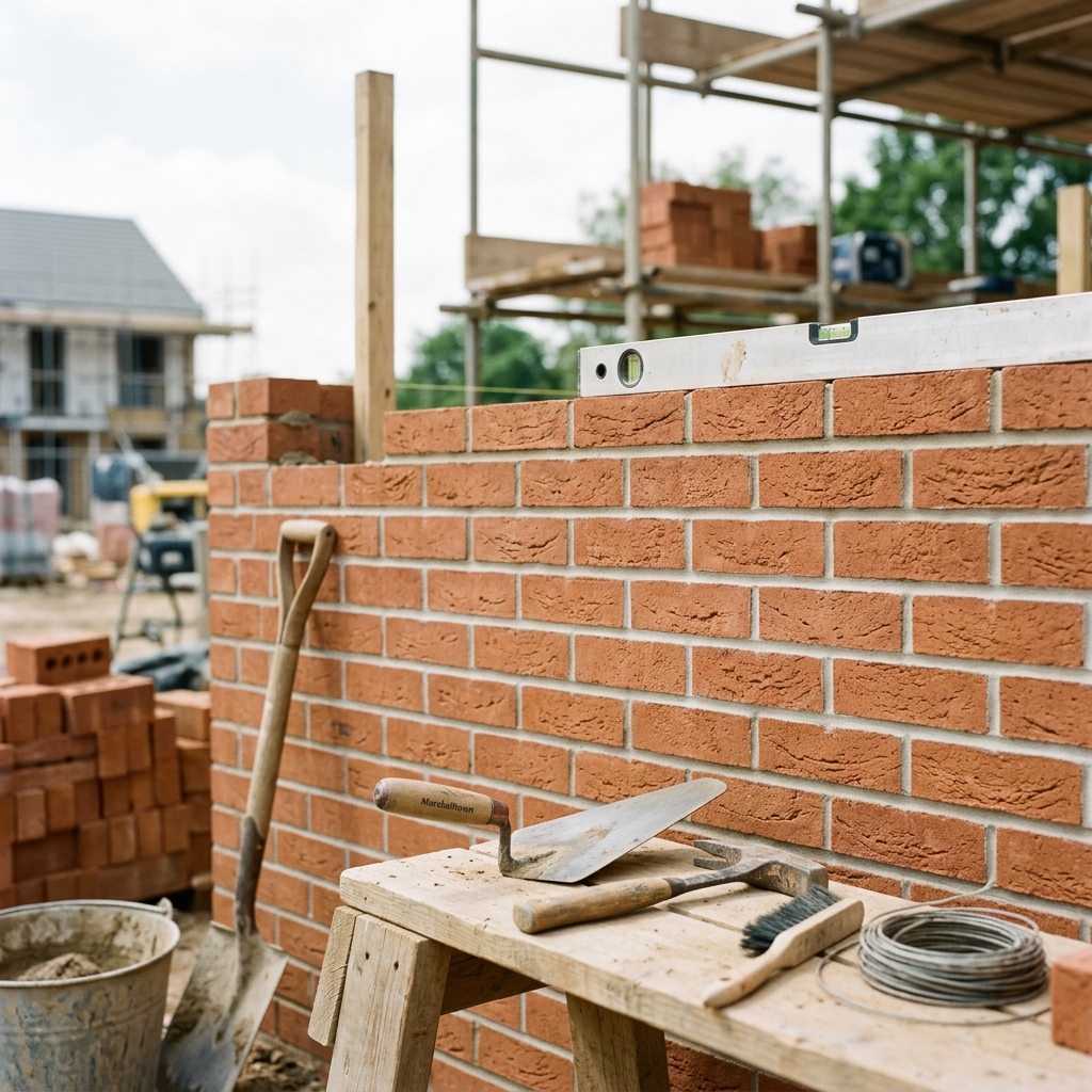 Brick wall construction with mortar joints during masonry work