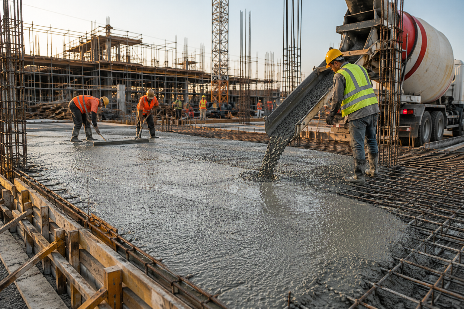 Overview of a concrete construction site showing forms, slabs, and pouring equipment.